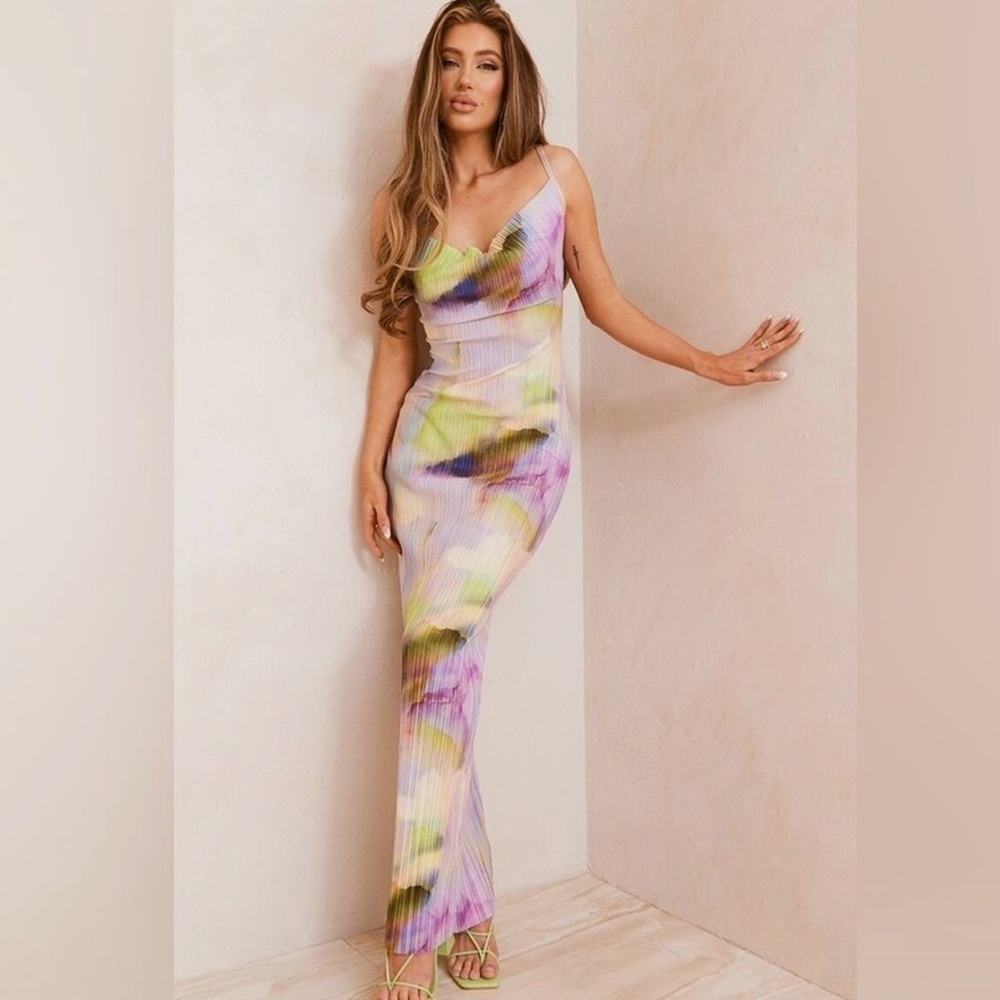 PLT multi watercolor plisse maxi dress - Size 4